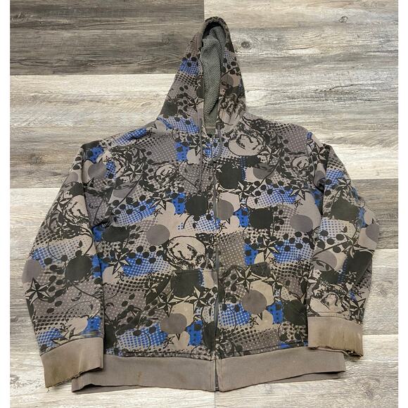 Y2K Hybrid Apparel Gray Blue Mens M Skull Star AOP Sherpa Lined Hoodie Mallgoth - Picture 1 of 8